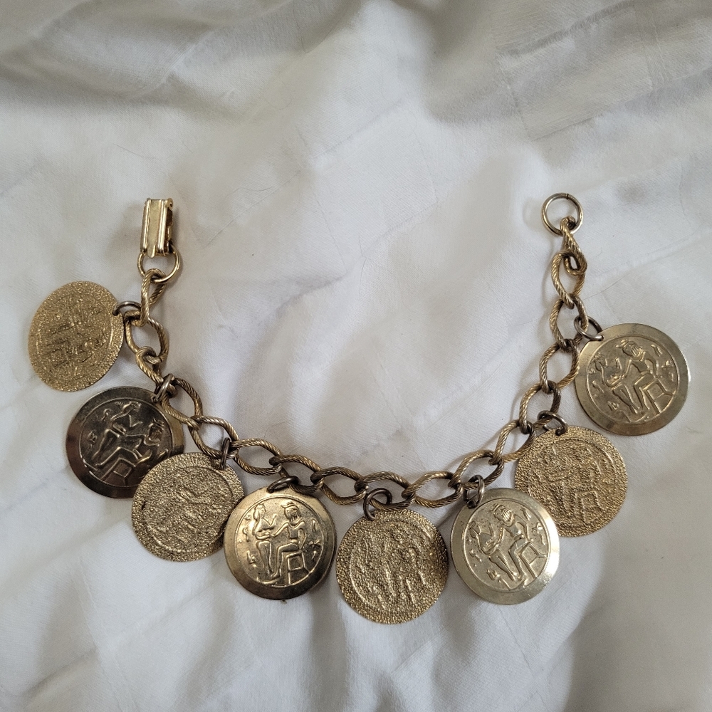 1960s Egyptian Revival Vintage Gold Toned Charm Coin Hieroglyphic Bracelet